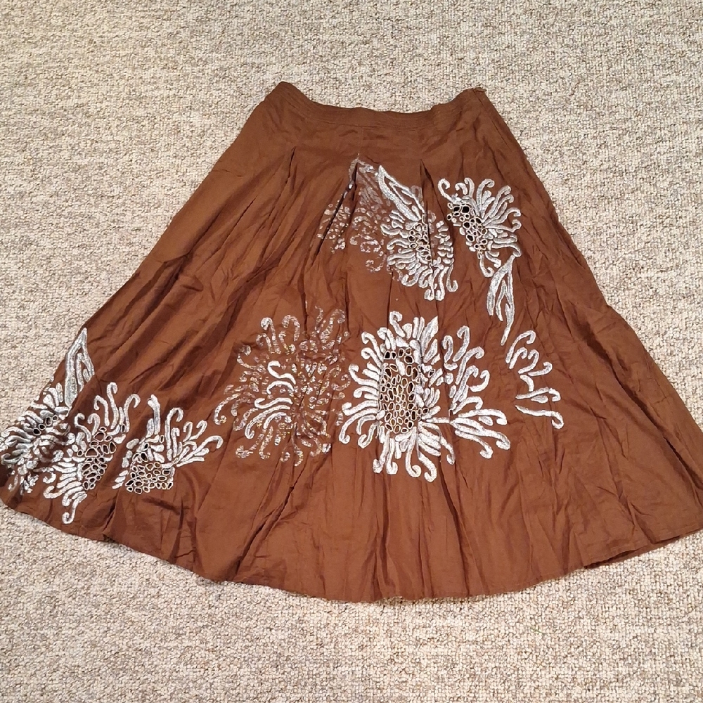Anthropologie intage Basil & Maude Brown With Silver Floral Design A-Line Skirt